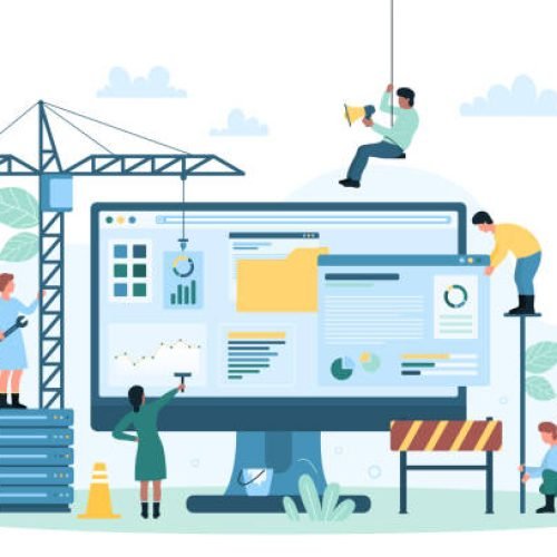Website under construction vector illustration. Cartoon tiny people build and update structure of site with construction crane, builders work and create content with digital editor and equipment